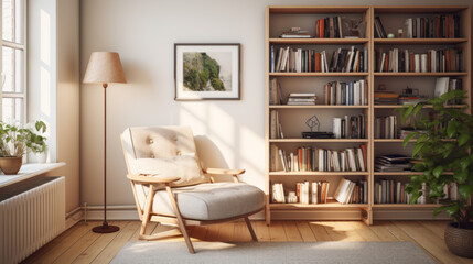 Scandinavian Cozy Reading Nook A dedicated reading nook filled with bookshelves, comfortable reading chairs, and warm lighting for book enthusiasts  - obrazy, fototapety, plakaty