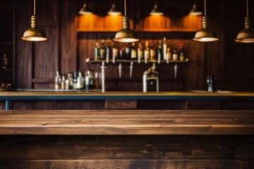 Fototapeta na wymiar Pub bar counter with wooden table background, Generative AI 