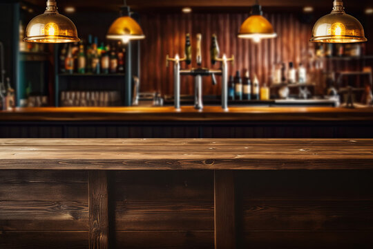 Pub bar counter with wooden table background, Generative AI 