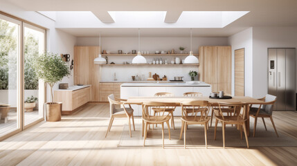  Scandinavian Culinary Haven A kitchen and dining area integrated into the living space, with a modern kitchen island, dining table, and Scandinavian design accents