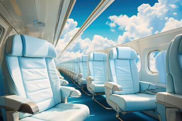 Modern aircraft cabin with comfortable seats in blue tones.