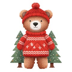 Christmas cute red teddy bear knitting and christmas tree clipart