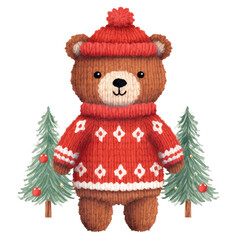 Christmas cute red teddy bear knitting and christmas tree clipart