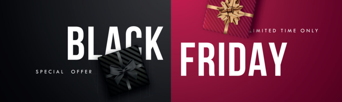 Black Friday Sale background. Realistic gift boxes lie on black and red surface. Banner for advertising and branding. Header for website.