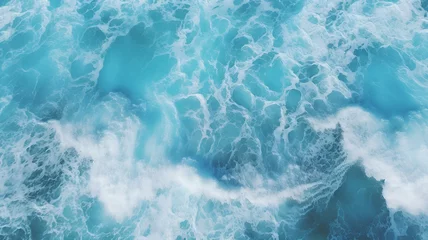 Poster Spectacular aerial top view photo of ocean sea water white wave splashing in the deep sea, captured from a bird's - -eye perspective. The drone photo backdrop of the sea wave highlights its power  © Dinusha