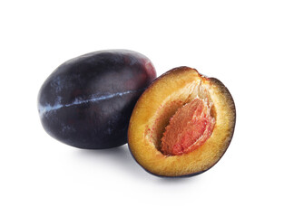 Fresh ripe plums on white background