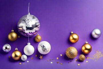 Christmas composition. Flat lay, top view. Disco ball bauble, star sparkles. Minimal New year party concept. Christmas white and gold decorations on violet background