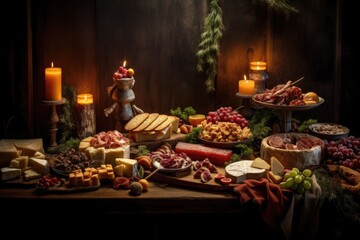 Fototapeta premium Appetizers table with different antipasti, charcuterie, snacks and wine, AI Generated