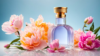Obraz na płótnie Canvas Beautiful bottle with perfume, fantastic flowers