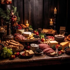 Naklejka premium Appetizers table with different antipasti, charcuterie, snacks and wine, AI Generated