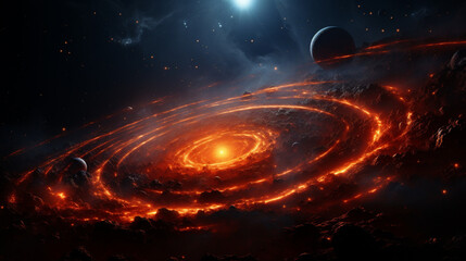 a galaxy with spirallike rings and stars, in the style of light red and dark gold