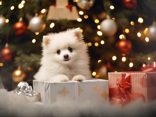A small white fluffy puppy peeks out of a New Year's gift box and looks at the camera against the...
