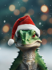 A kind green dragon smiles in a red New Year's hat against the background of blurry garland lights. Symbol of the year 2024 according to the Chinese calendar. New Year and Christmas 2024.