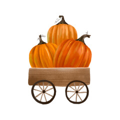 Wooden cart with orange pumpkins. Autumn. Illustration for Halloween. Isolated element
