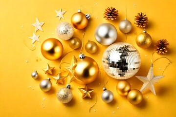 Christmas composition. Flat lay, top view. Disco ball bauble, star sparkles. Minimal New year party concept. Christmas white and gold decorations on yellow background