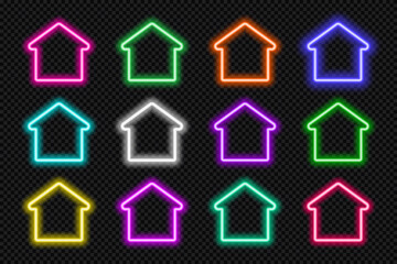 Neon house icon set. Glowing coloful home frame borders. Building shape action button UI elements with copy space. Purple, blue, pink, yellow, green, red text boxes. Vector illustration.