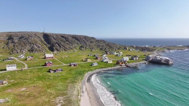 Aerial view of the village of Hamningberg in the far north of Norway in summer.