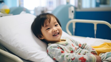 Smiling sick child in hospital. Generative AI - obrazy, fototapety, plakaty