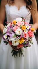 The bride is holding colorful flowers at the wedding. Generative AI