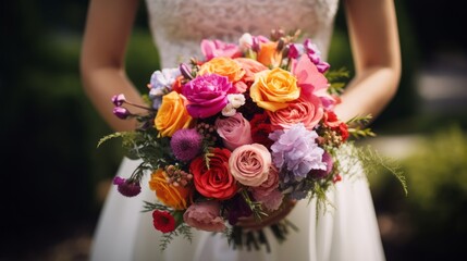 The bride is holding colorful flowers at the wedding. Generative AI