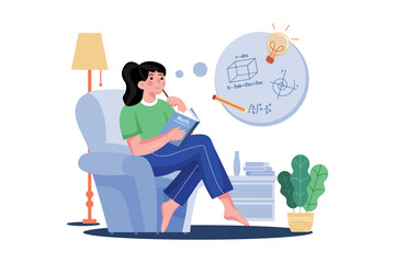 Young woman sitting reading a book and thinking about formulas