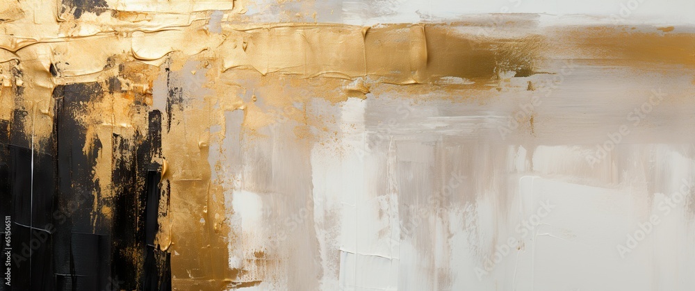 Wall mural Closeup of gold and black art painting texture. Pallet knife paint on canvas, artistic background, wide banner, wallpaper. - Wall murals