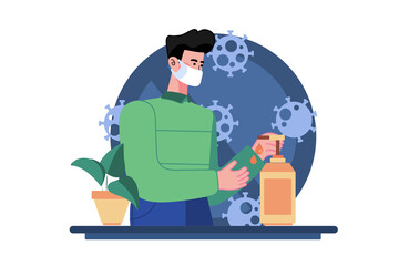 Boy Sanitizes His Hands Illustration Concept