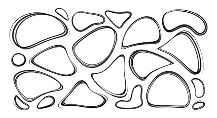 A collection of hand-drawn, cartoony expression signs in irregular shapes, doodled with sketchy pens and scribbles isolated on a white background