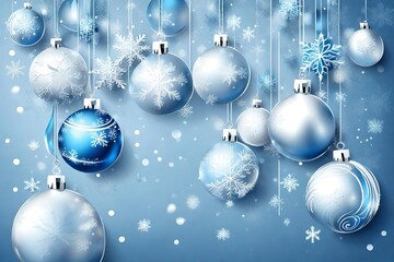 Fototapeta na wymiar Light elegant Christmas background with hanging decorative blue, white and silver balls; vector winter holiday illustration