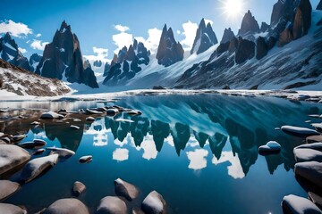 Frozen lake reflection at the Cerro Torre, Fitz Roy, Argentina.