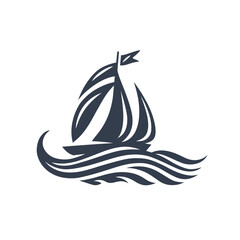 Classic sailing boat logo. Sailboat ocean icon. Nautical voyage emblem. Ship mast and waves symbol. Vector illustration.