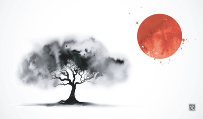 Landscape with big tree with wide crown in a field and big red sun. Traditional oriental ink painting sumi-e, u-sin, go-hua. Translation of hieroglyph - perfection © elinacious