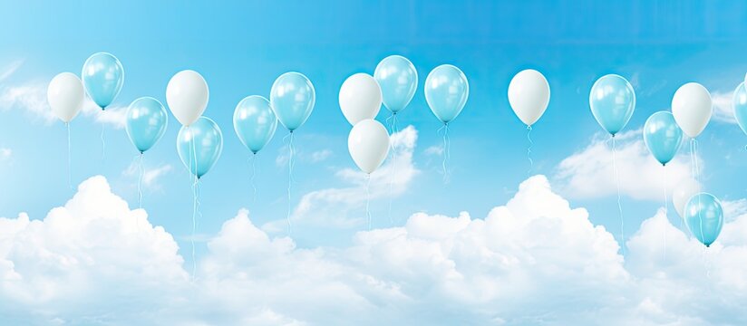 Celebrity s creative positive and funny event with blue sky clouds balloons and white d cor - Powered by Adobe