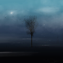 Ilustracja krajobrazu z samotnym drzewem, na tle ciemnego nieba w odcieniach niebieskości