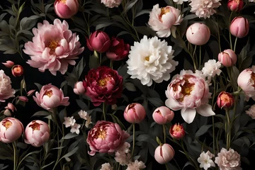 Fotobehang Generate an opulent 3D-rendered illustration of vintage flowers including peonies, tulips, lilies, and hydrangeas, arranged in a lush, baroque-style composition. Showcase these exquisite blooms on a d © muhmmad