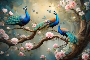 3D wallpaper , oil painting tree branch with flowers , oil painting two peacock with small and large butterflys - Powered by Adobe