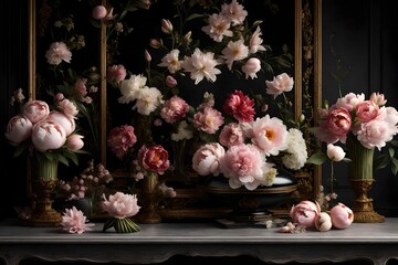 Generate an opulent 3D-rendered illustration of vintage flowers including peonies, tulips, lilies, and hydrangeas, arranged in a lush, baroque-style composition. Showcase these exquisite blooms on a d