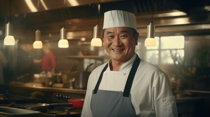 Evocative portrait of a seasoned Chinese chef, a master of his craft, meticulously preparing culinary delights in a bustling restaurant kitchen, all while wearing a heartwarming smile.".