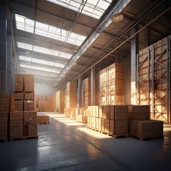 Warehouse interior daylight with shelves, pallets and boxes. AI generated
