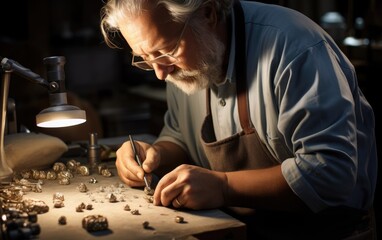 An experienced master jeweler in the process of working on a new unique ring with natural stone. Generative AI