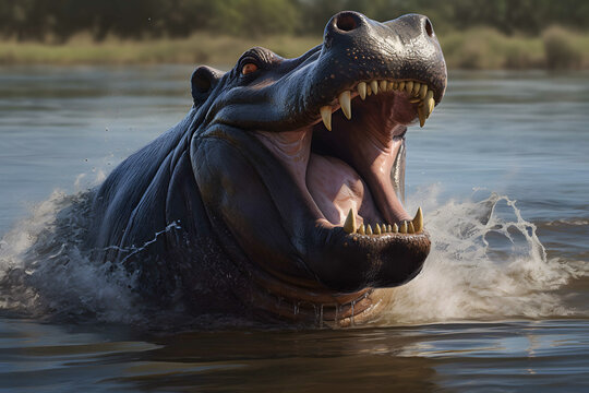 hippopotamus opening mouth in pond, front view
