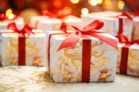 A white gift box with a dragon image is tied with a red ribbon.