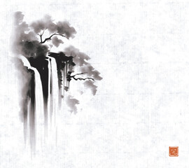 Ink painting of forest waterfall. Traditional oriental ink painting sumi-e, u-sin, go-hua on rice paper background. Translation of hieroglyph - perfection