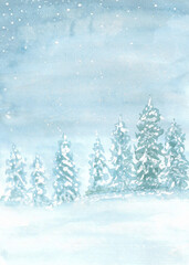 Watercolor painting of winter concept. Heavy snowfall, Natural Christmas tree background. Winter landscape with falling. copy space for the text. Hand painted texture style. vertical