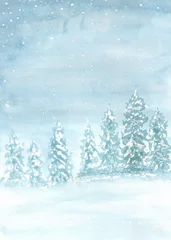Türaufkleber Hellblau Watercolor painting of winter concept. Heavy snowfall, Natural Christmas tree background. Winter landscape with falling. copy space for the text. Hand painted texture style. vertical