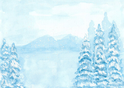 Watercolor painting of winter concept. Heavy snowfall, Natural Christmas tree background. Winter landscape with falling. copy space for the text. Hand painted texture style.