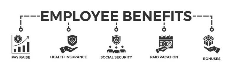 Employee benefits banner web icon vector illustration concept with icon of pay raise, health insurance, social security, paid vacation and bonuses