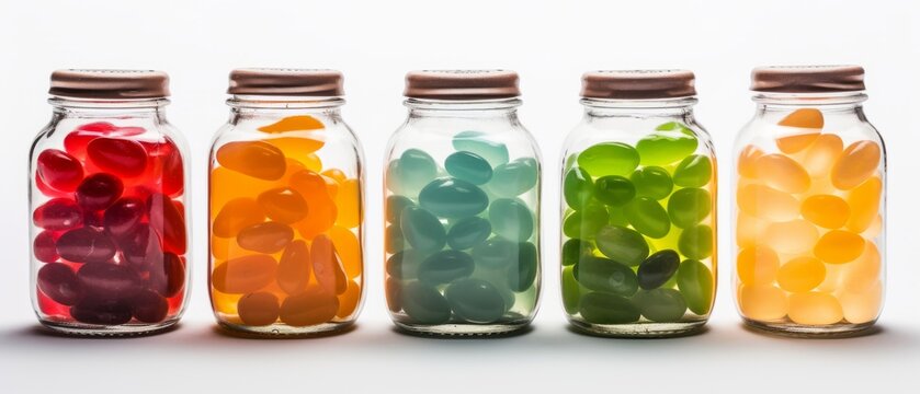 Jelly beans in a bottle on a white background. Modern abstract mockup with jelly beans in a bottle with white background. Generative AI