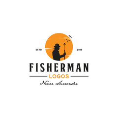 Classic Vintage Retro Country Emblem Fisherman with sunset for Nautical Themes Logo design inspiration isolated in with background 