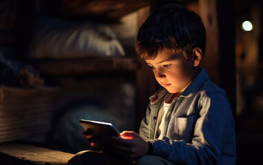 Fototapeta na wymiar Schoolboy using a digital tablet for learning. Generative AI